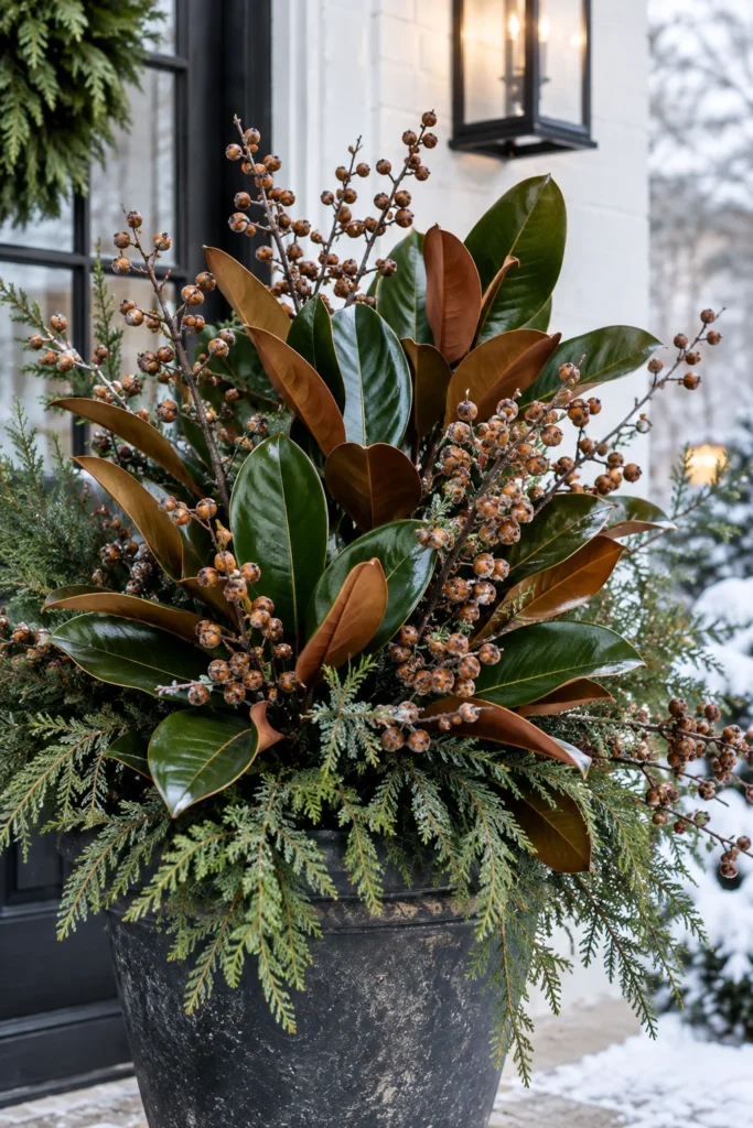 Magnolia leaves and berries arranged in a  Winter Planters for Front Porch