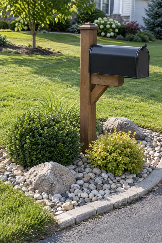 Small rock garden surrounding a front yard mailbox