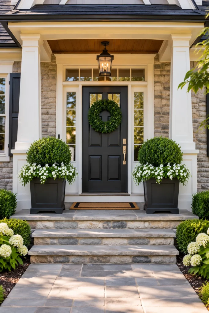 Front Yard Planters Matching pair of planters flanking a front door entryway
