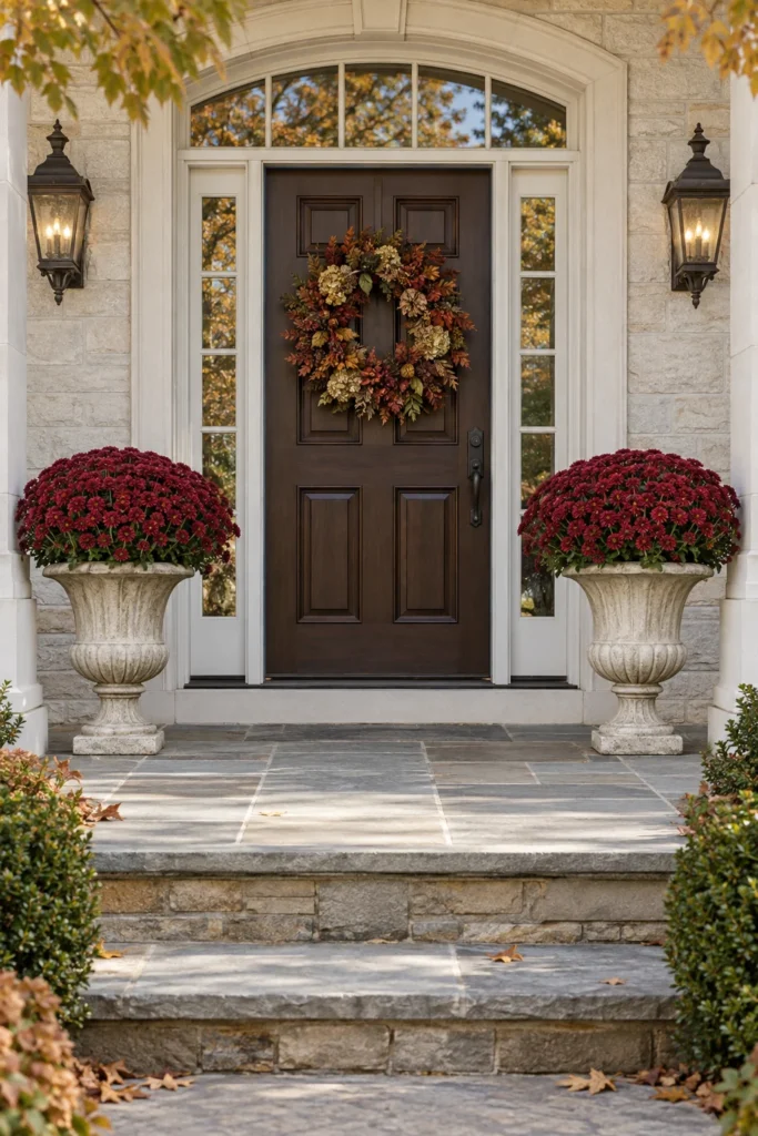 Matching urns filled with mums flanking a front door