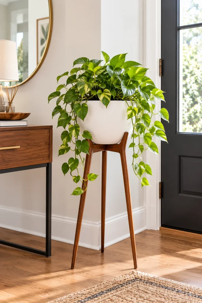 Mid-century tripod stand with a white bowl planter and trailing pothos