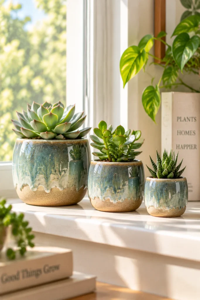 Trio of small matching pots in graduated sizes on a windowsill