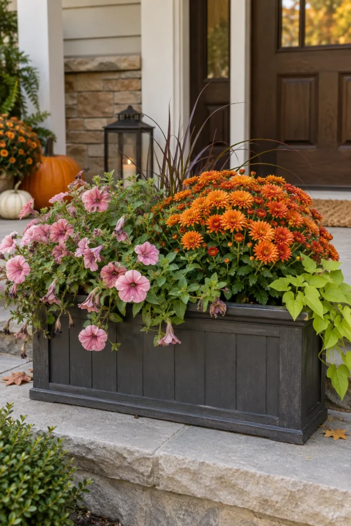 Mums mixed with leftover summer annuals in a planter