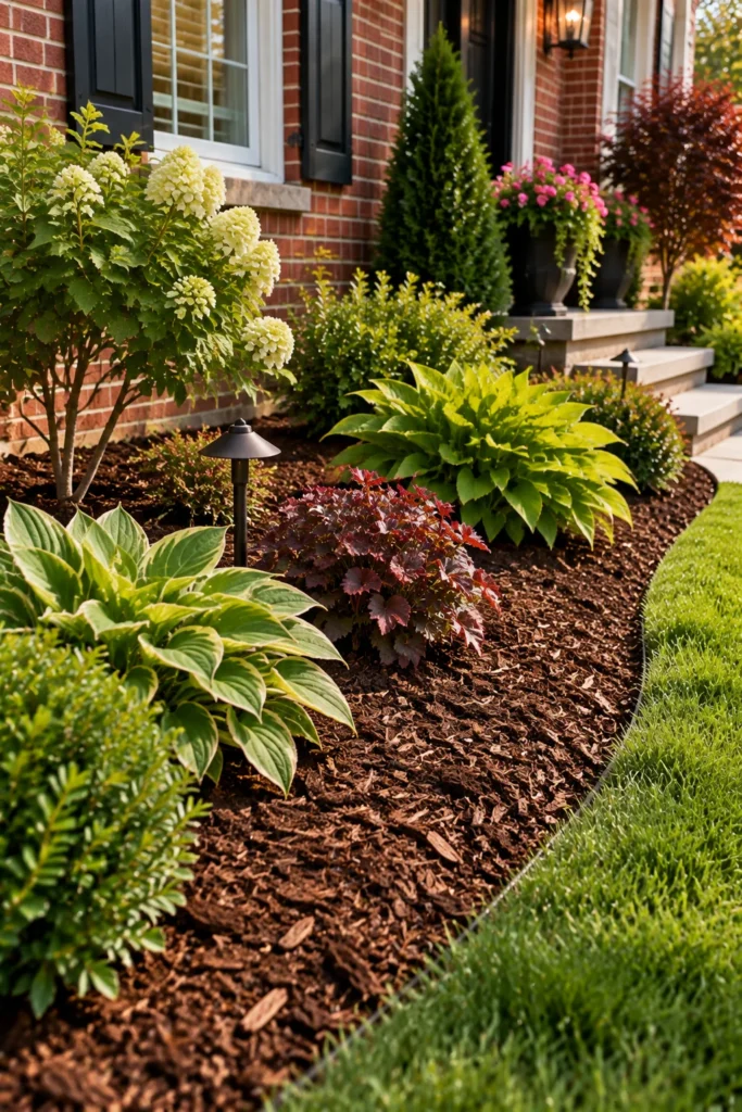 Shredded mulch bed in a small front yard landscaping design