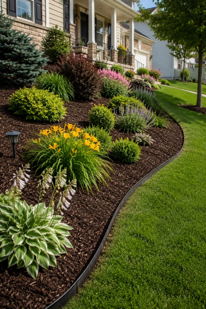 Mulched planting bed with root barrier edging on a sloped front yard