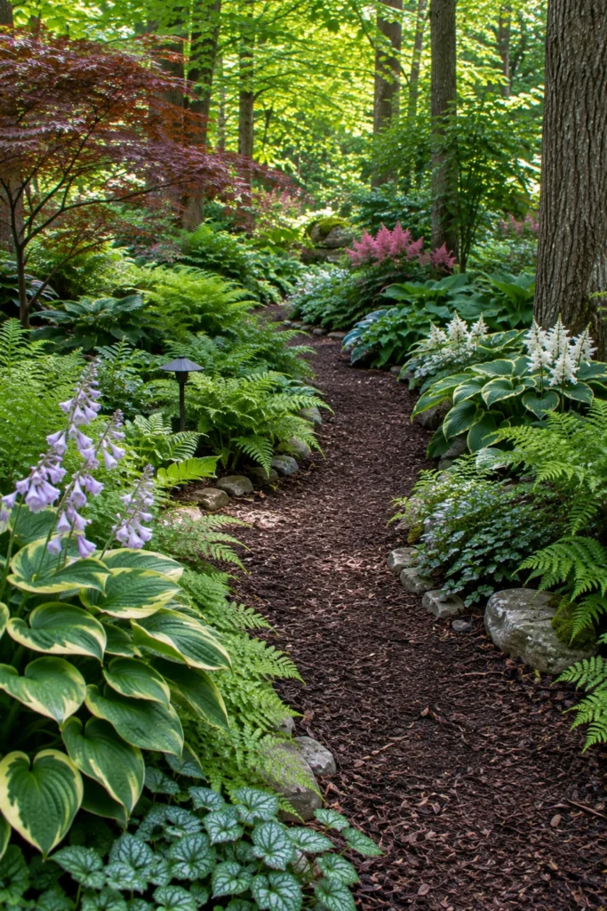 Curved mulched pathway through a full shade landscaping bed