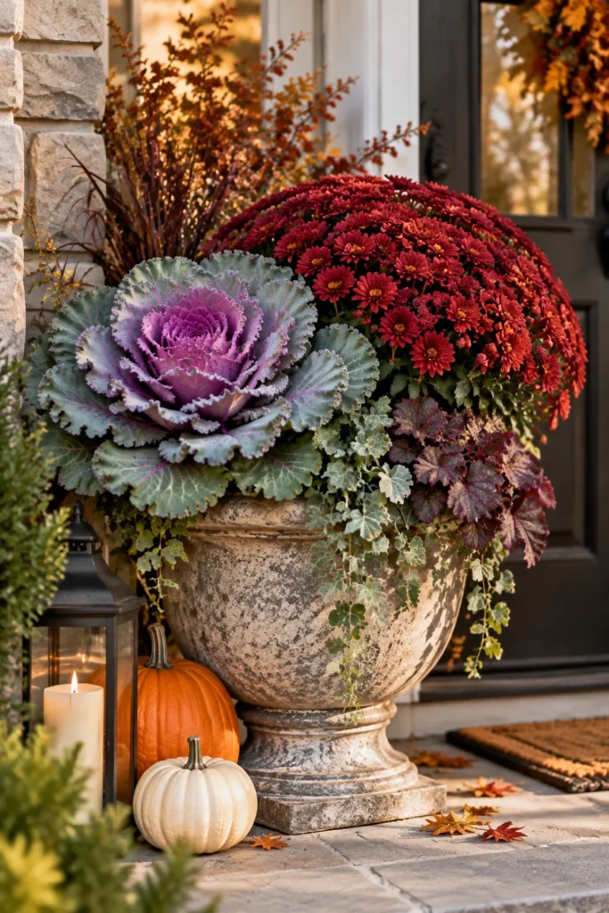 Ornamental cabbage paired with mums in a porch planter