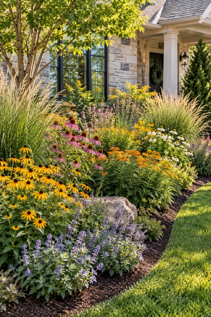Native plant bed in a front yard landscape