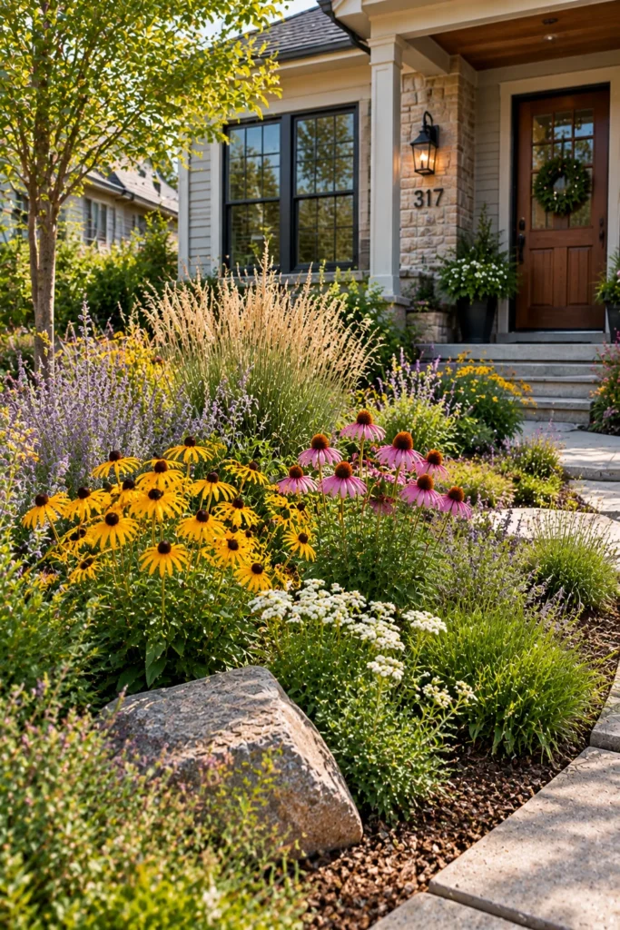 Native plant garden bed in a small front yard landscape