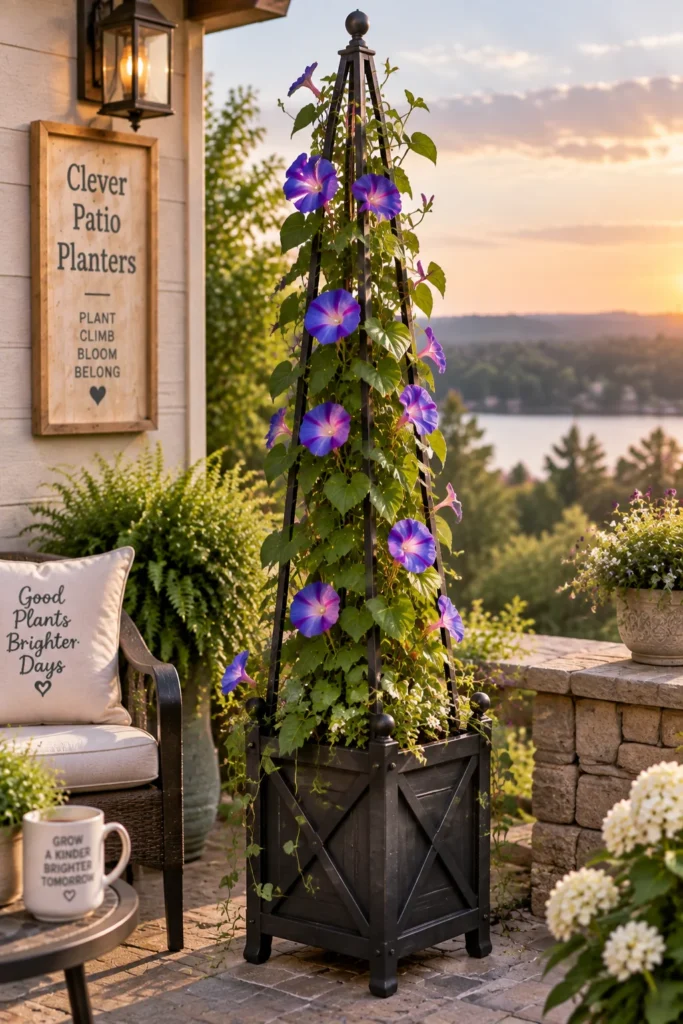 Tall standing obelisk trellis planter with climbing morning glories