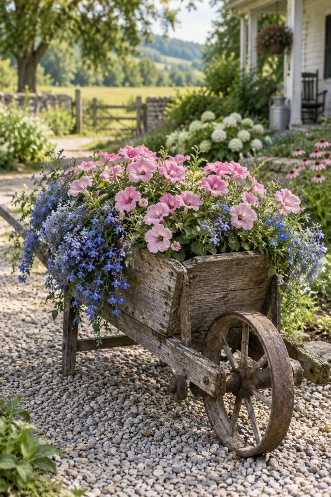 Unusual Planters Rustic wheelbarrow used as a planter, filled with petunias and trailing lobelia