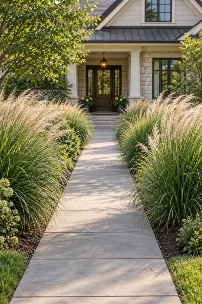 Ornamental grasses bordering a front walkway