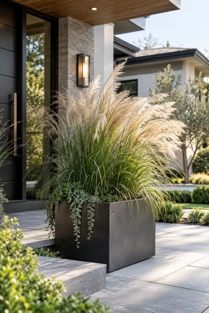 Tall ornamental grass planted in a large outdoor planter