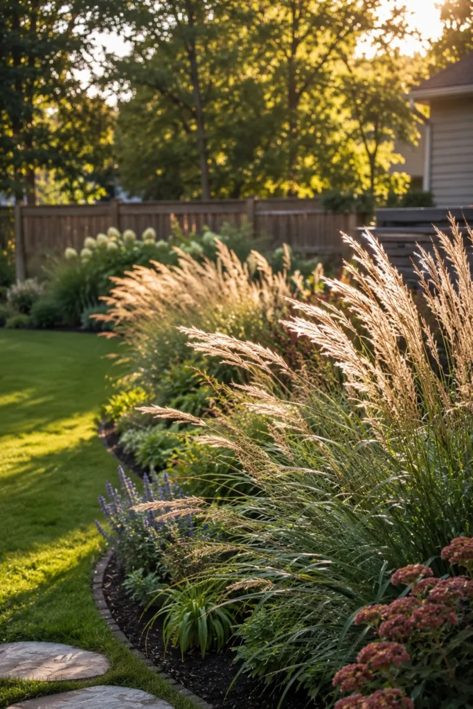 Clusters of ornamental grasses swaying along a backyard border