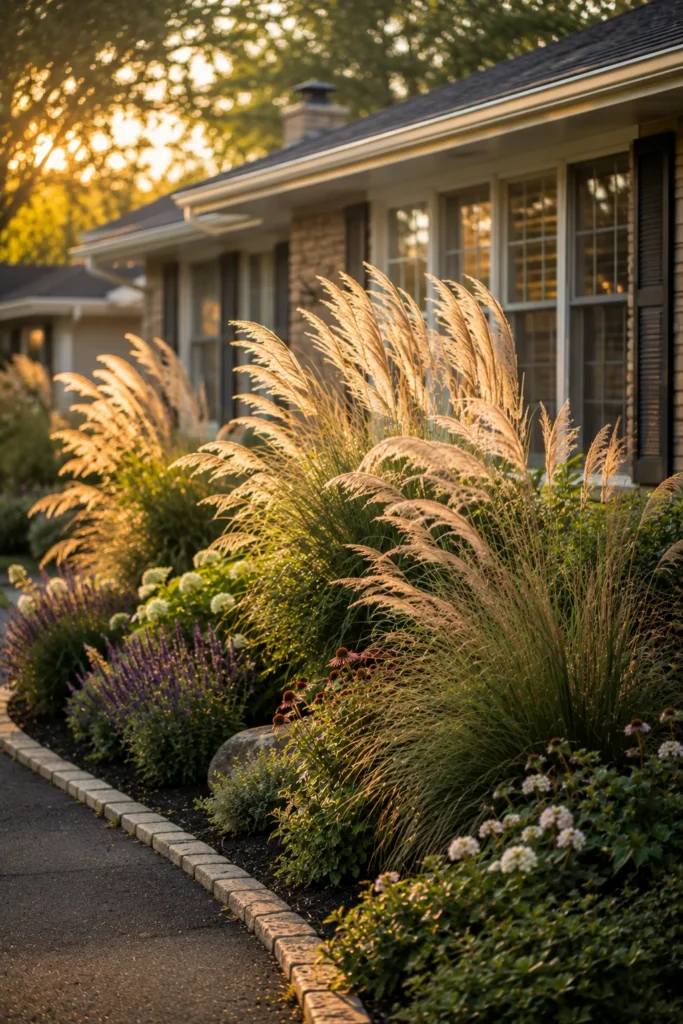 Ornamental grasses swaying in a front yard landscaping bed
