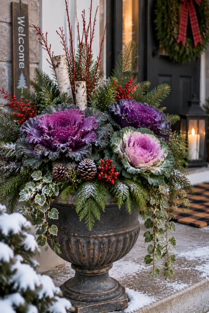 Ornamental kale and cabbage in a winter front porch planter