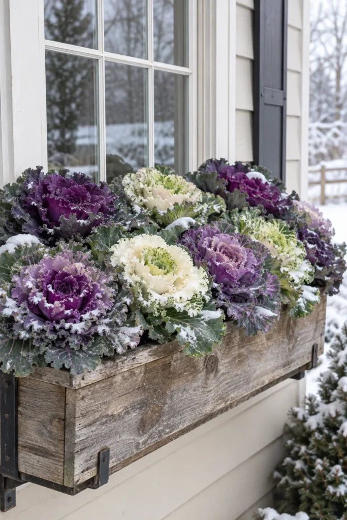 Purple and white ornamental kale rosettes in a frost-hardy window box
