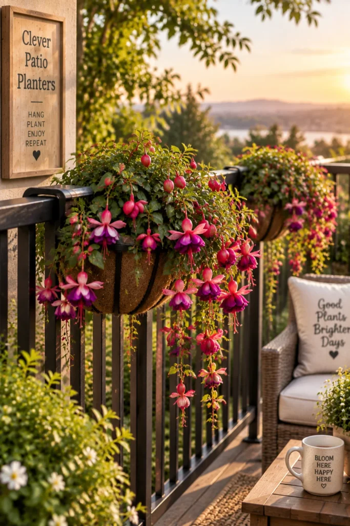 Hanging basket straddling a patio railing filled with fuchsias