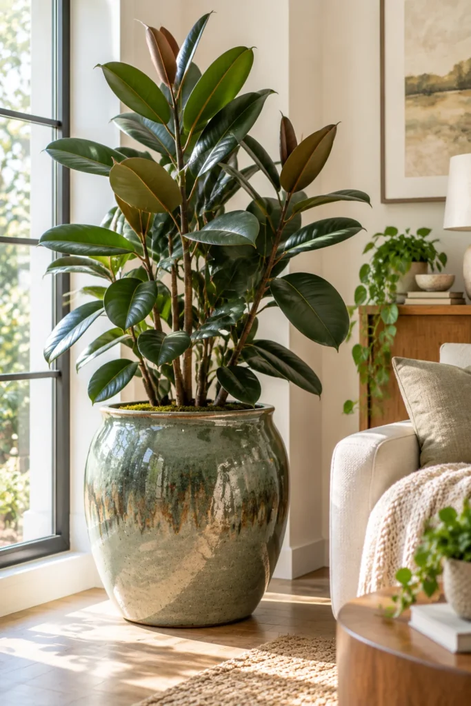 Oversized glazed floor pot with a rubber plant in a bright living room corner