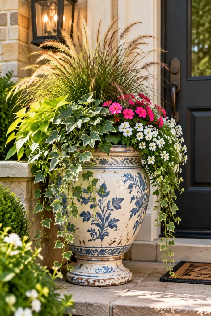 Large painted ceramic urn planter beside a front entryway
