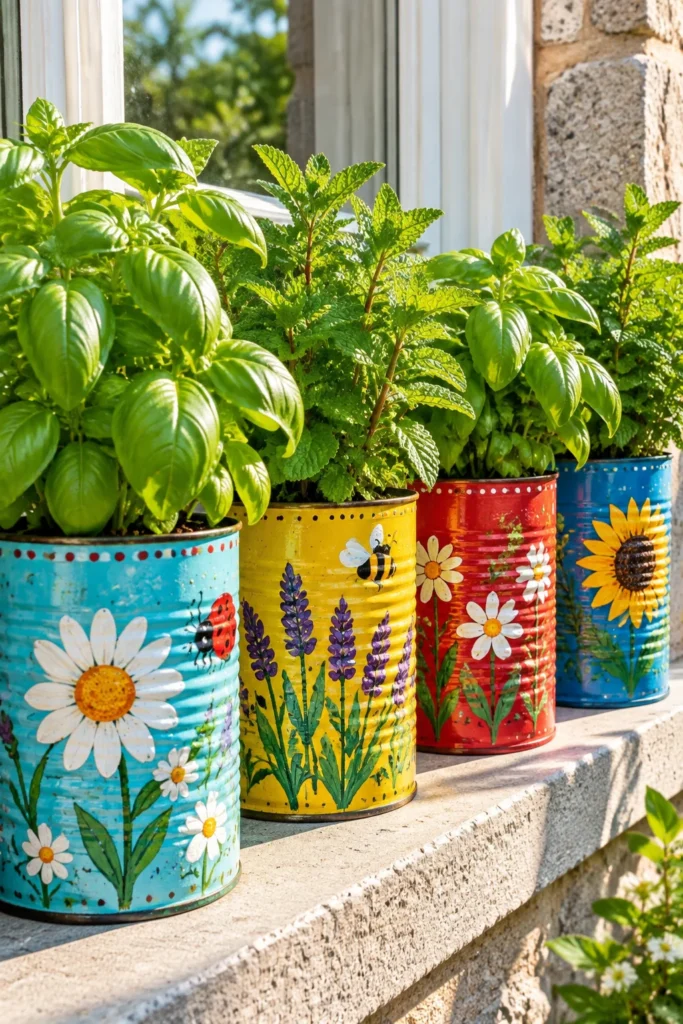 Row of colorful painted tin cans planted with fresh herbs
