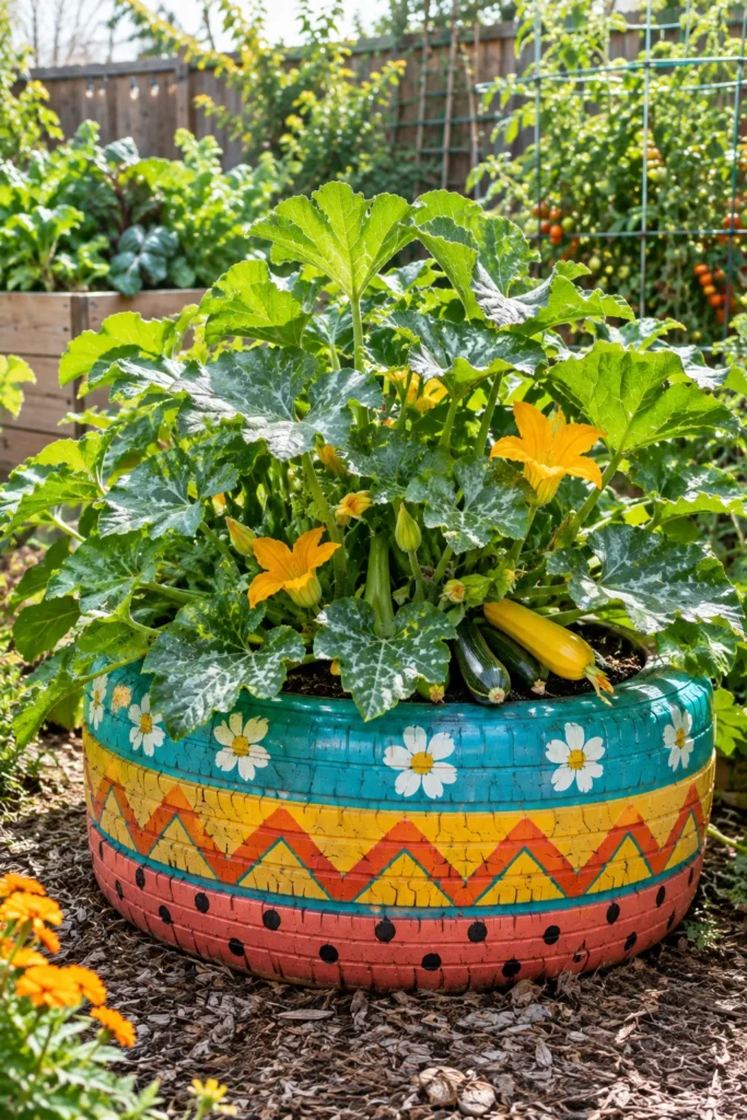 Colorfully painted tire planter growing squash and sprawling vines