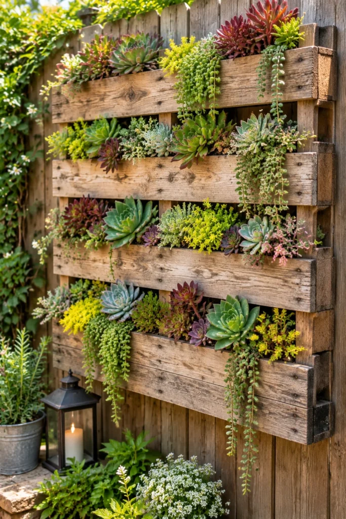 Upright wood pallet planted with succulents as a living wall