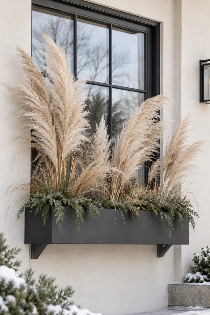 Dried pampas grass plumes adding movement to a textured window box