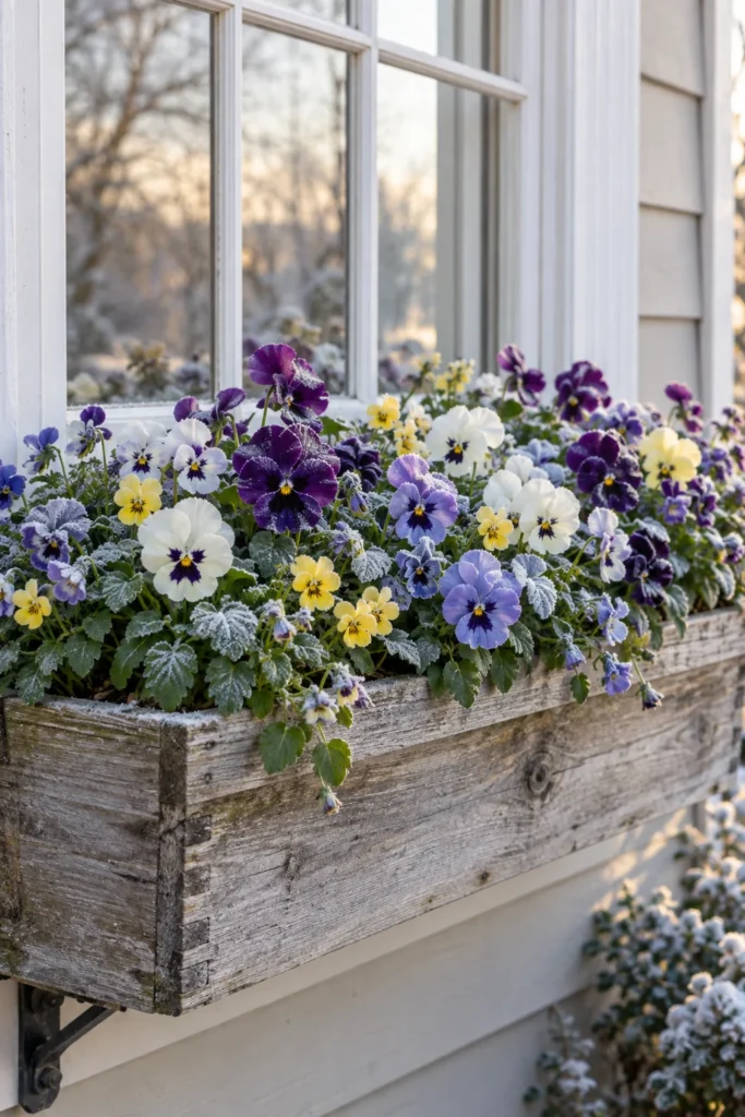Layered pansies and violas planted thick in a cold-hardy window box