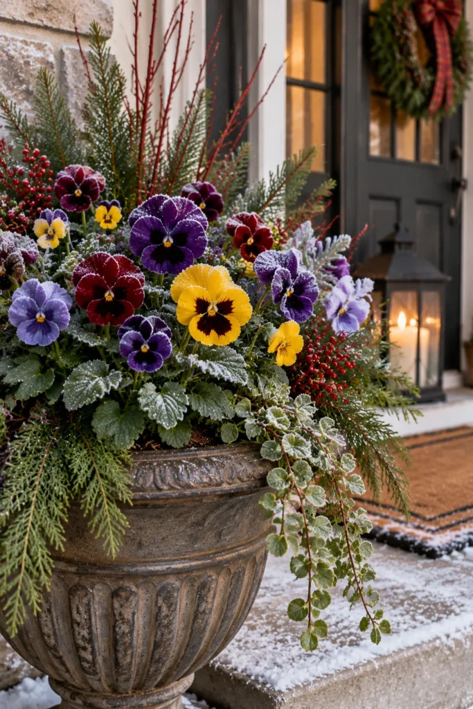 Pansies and violas planted in a cool season porch planter