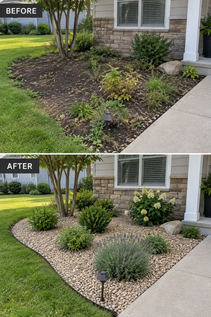 Pea gravel refresh in a small front yard bed