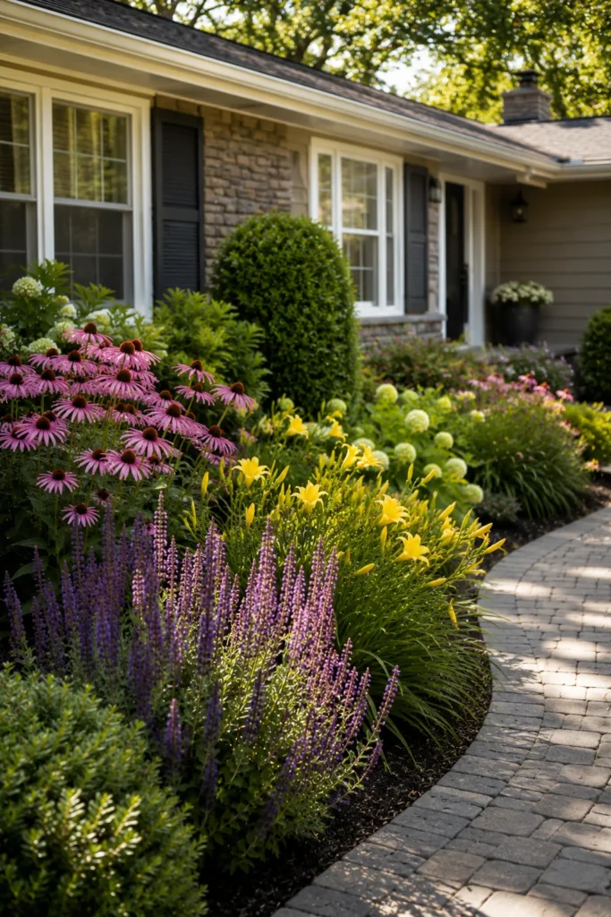 Colorful perennial border along a ranch home front yard