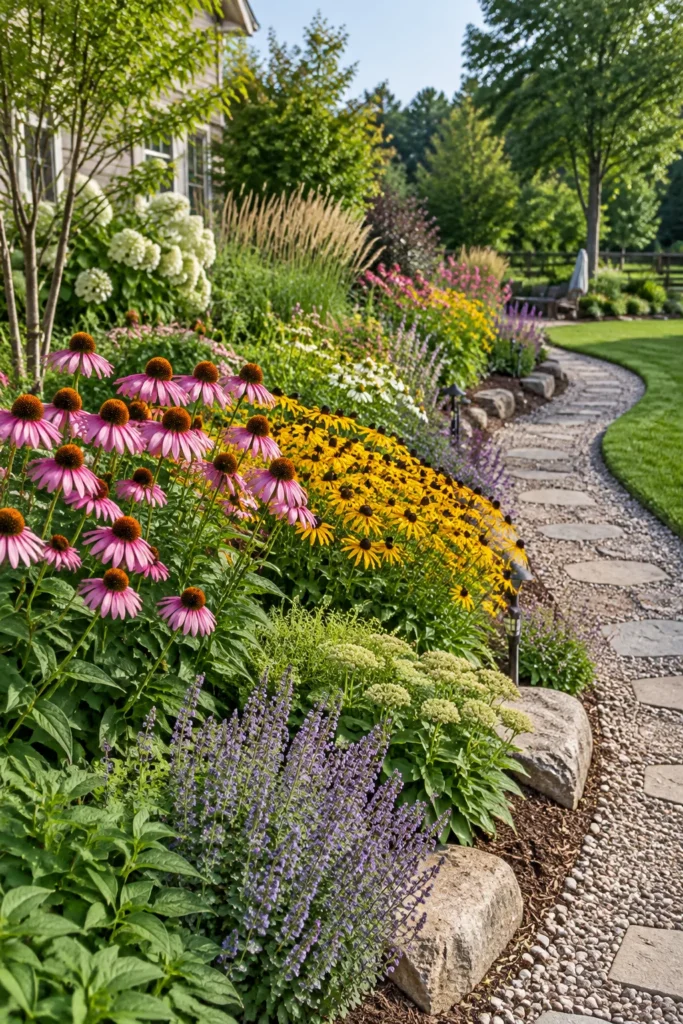 Mixed perennial flower border blooming in a large backyard