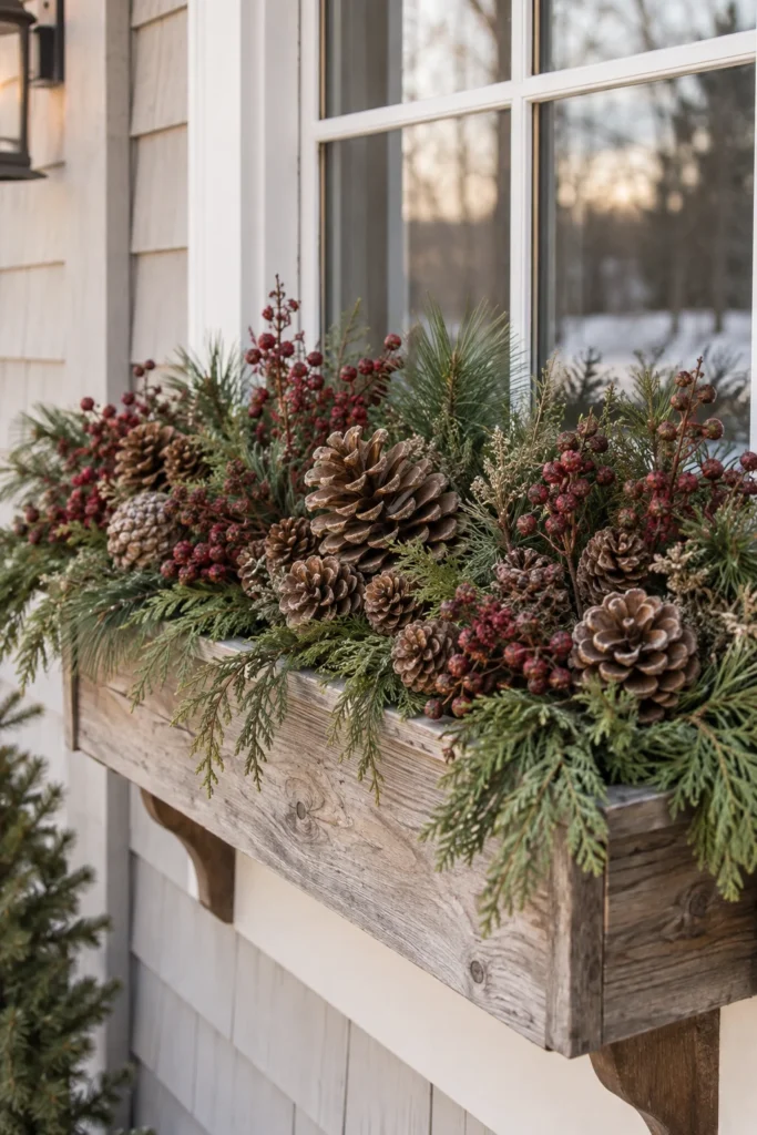 Pinecones and dried berries filling gaps in a seasonal window box