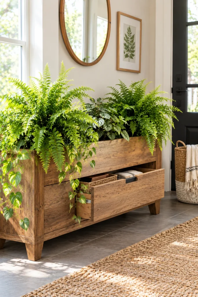 Wooden planter bench with ferns on top and a storage drawer in a bright entryway