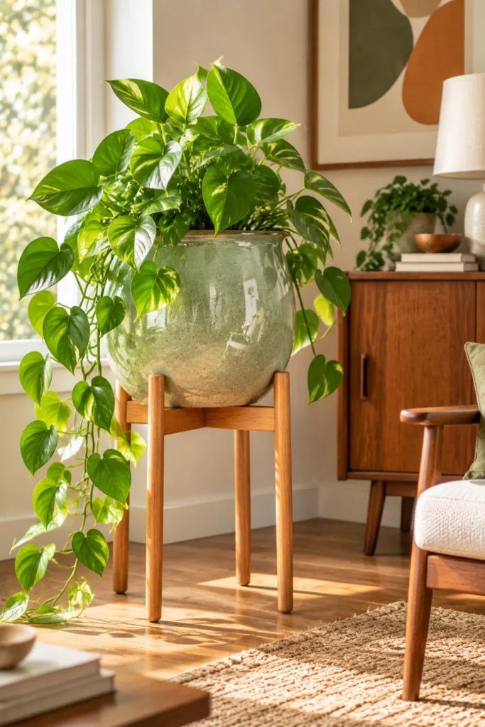 Glazed pot on a wooden stand with trailing pothos in a mid-century room