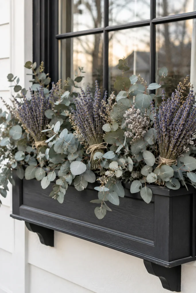 Preserved eucalyptus and dried lavender bundled in a window box