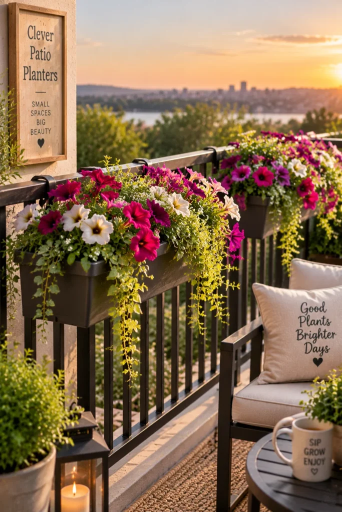 Planter box hooked onto a patio railing filled with trailing petunias