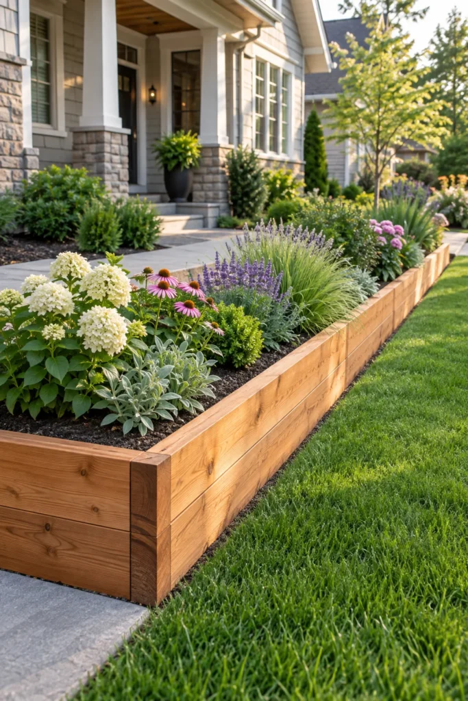 Raised garden bed bordering a front yard