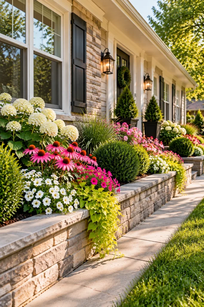 Low raised planter bed running along the front of a house