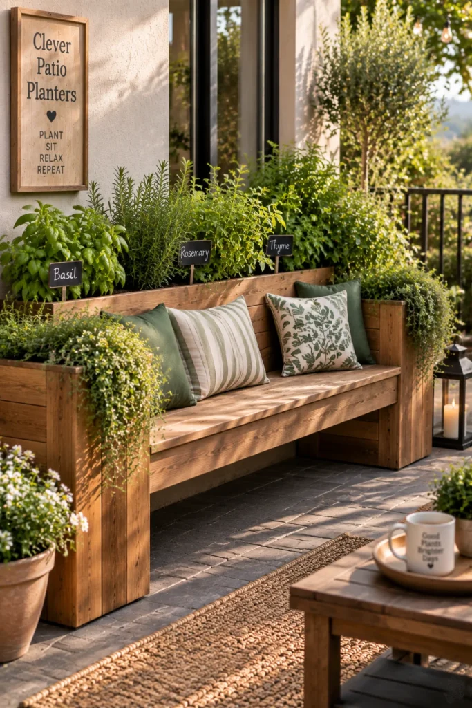 Wooden raised planter bench with herbs growing along the seat edge