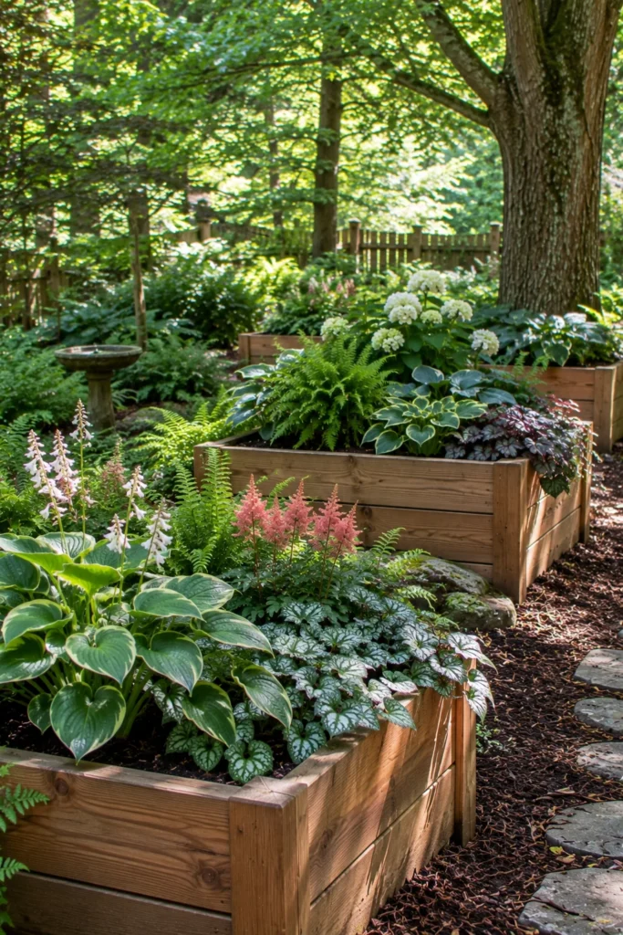 Raised garden planters used for better drainage in full shade
