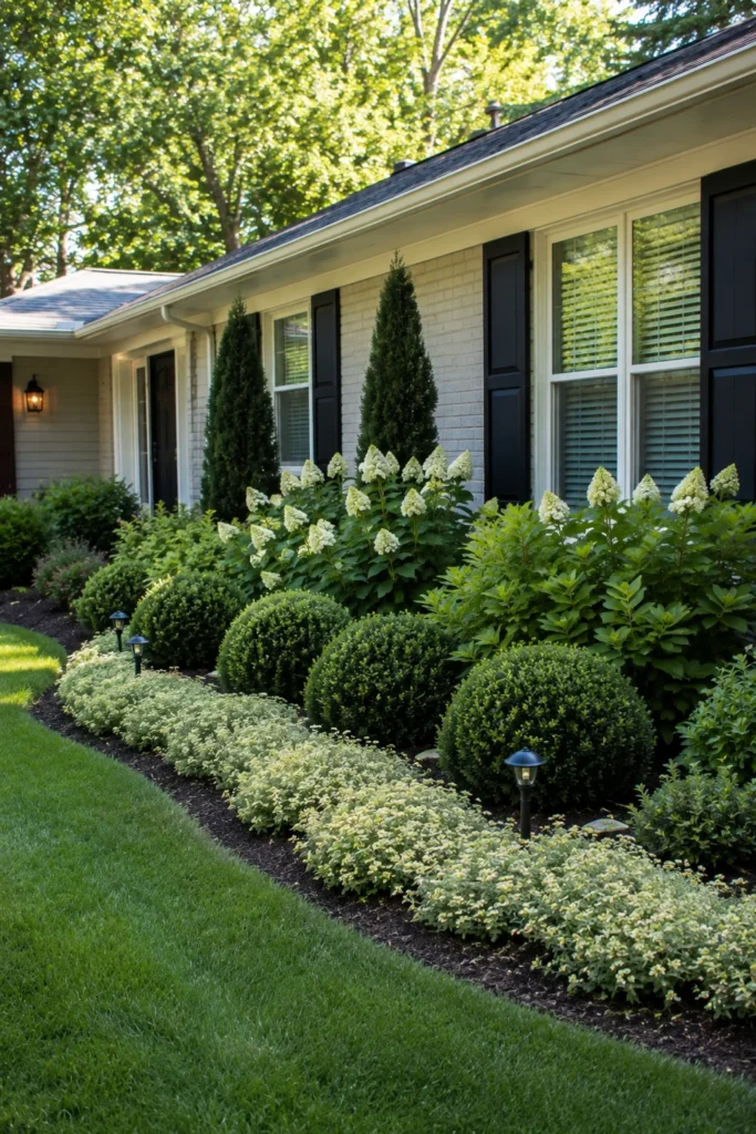 Layered foundation planting beds along a ranch home front yard facade Ranch House Landscaping