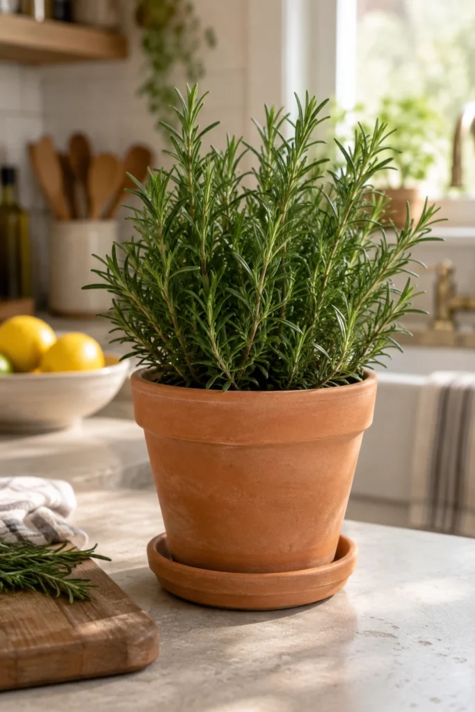 Terracotta pot with saucer holding a rosemary plant on a kitchen counter