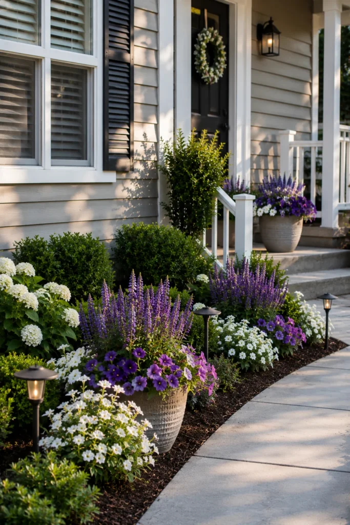 Repeating color palette used through a tiny front garden