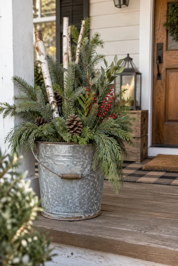 Rustic galvanized bucket used as a holiday planter