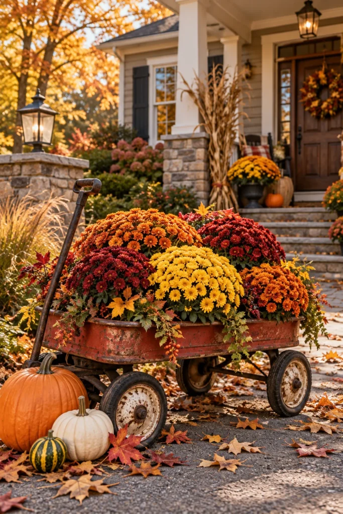 Old wagon filled with colorful mums on a porch