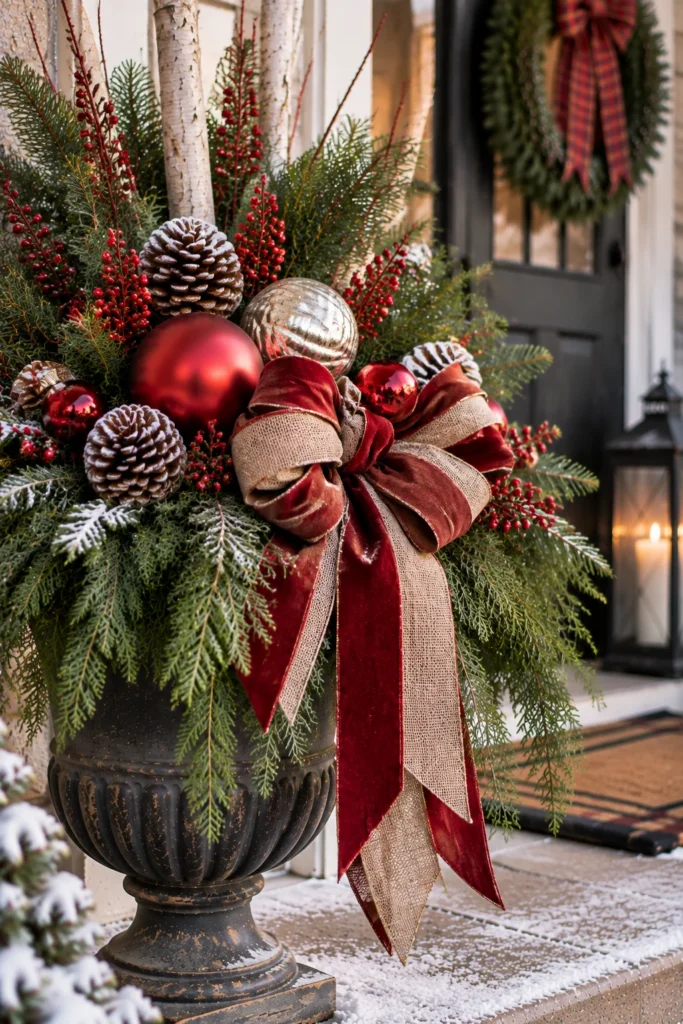 Winter planter topped with ribbon and ornaments for a festive touch