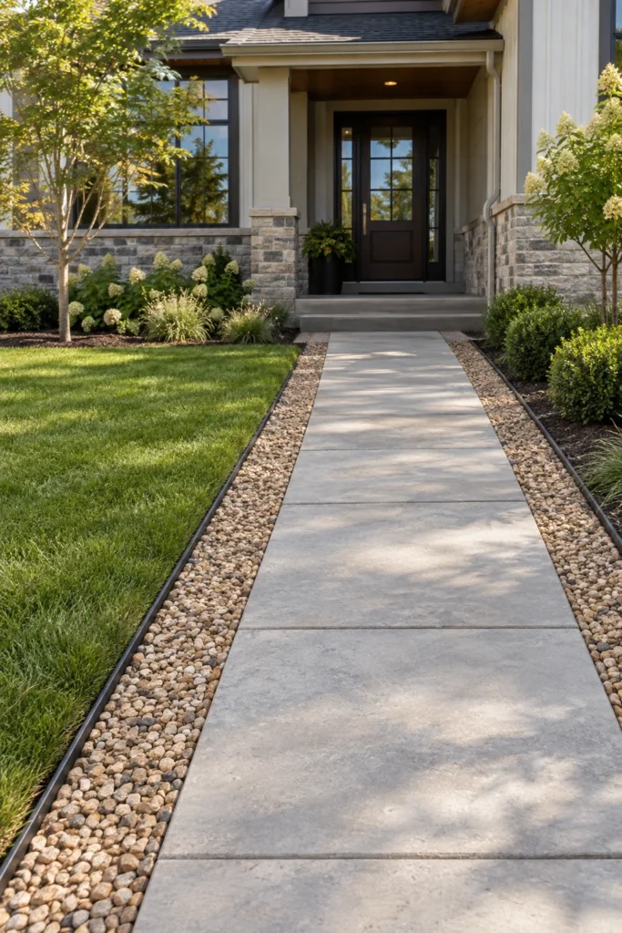 Rock border lining a front yard walkway