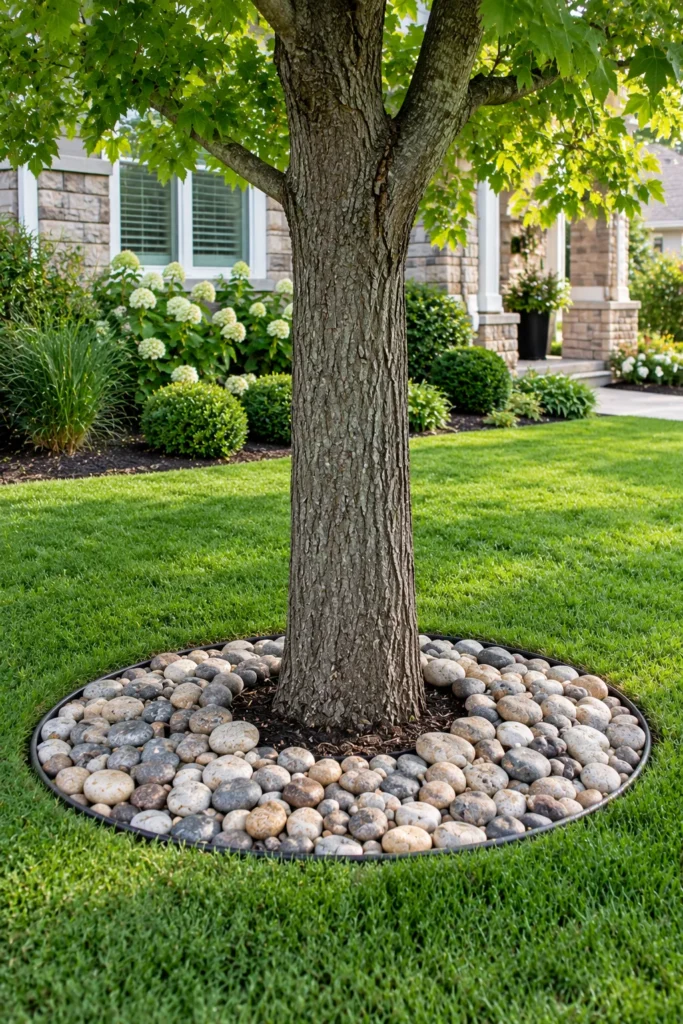 River rock edging circling a front yard tree